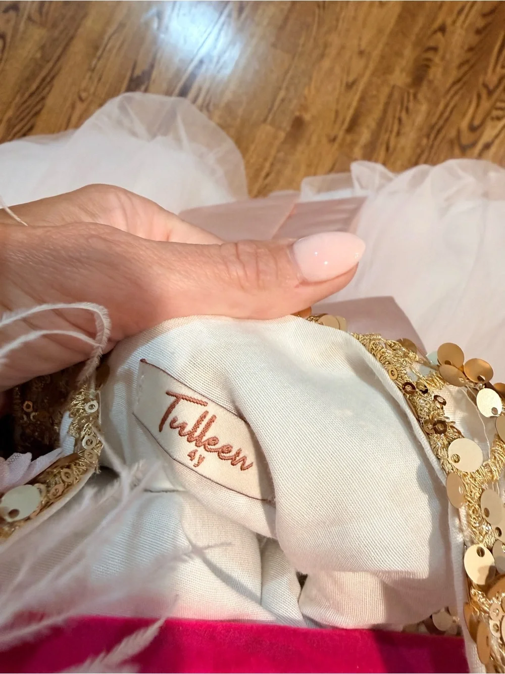 Tulleen Gold Sequin and feathers dress with pink tulle full skirt